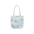 Load image into Gallery viewer, Tote bag with a beach scene design featuring boats and a lighthouse on a white background.