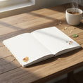 Load image into Gallery viewer, A white open notebook or journal with small decorative illustrations at the bottom corners: a cluster of yellow-orange mushrooms with a bee on the lower left, and a flowering stem with a bee on the lower right.