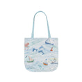 Load image into Gallery viewer, Tote bag with a nautical design featuring boats and sea creatures on a white background