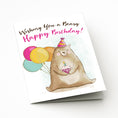 Load image into Gallery viewer, Bear with cupcake and balloons birthday greeting printable
