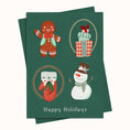 Load image into Gallery viewer, A dark green holiday greeting card featuring four festive illustrations: a gingerbread man, wrapped gifts, a snowman, and a cat in a sweater, with the text 'Happy Holidays' at the bottom. A second card is partially visible behind it on a light beige background.