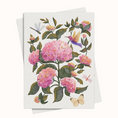 Load image into Gallery viewer, A botanical art print featuring pink hydrangeas, green leaves, a hummingbird, dragonflies, and a butterfly on a textured white paper background. Printable Greeting card.