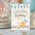 Load image into Gallery viewer, Birthday card with a bird and watering can illustration and a cake in the background.