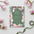 Load image into Gallery viewer, Floral 'Save the Date' card with pink and green flowers on a white surface with magnolia branches.