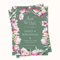Load image into Gallery viewer, Floral 'Save the Date' card for Emily & Jonathan on a green background