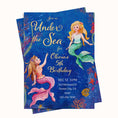 Load image into Gallery viewer, Mermaid-themed birthday invitations with ocean design and text.