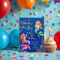 Load image into Gallery viewer, Mermaid-themed birthday invitation with balloons and a cupcake on a blue background
