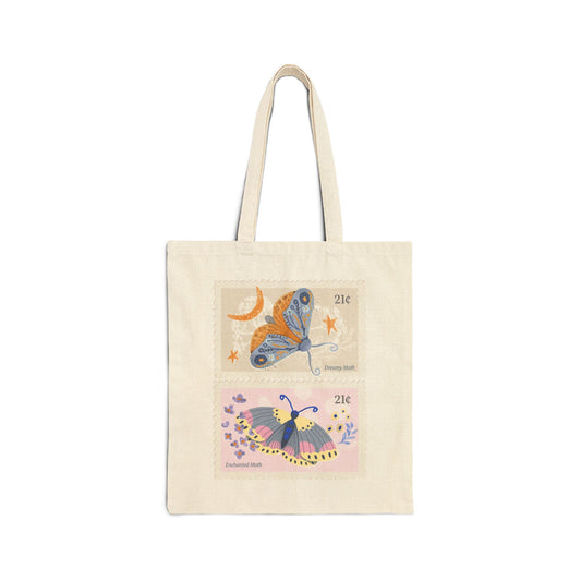 Beige tote bag with butterfly design on a white background