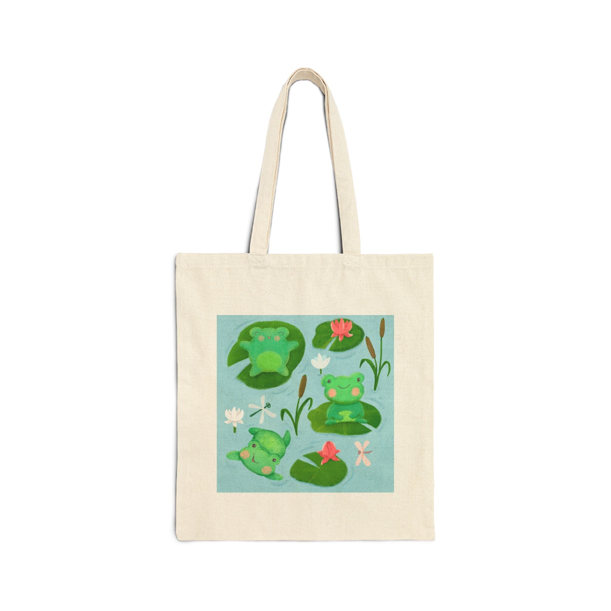 Cute Frogs in a Lily Pond Canvas Tote