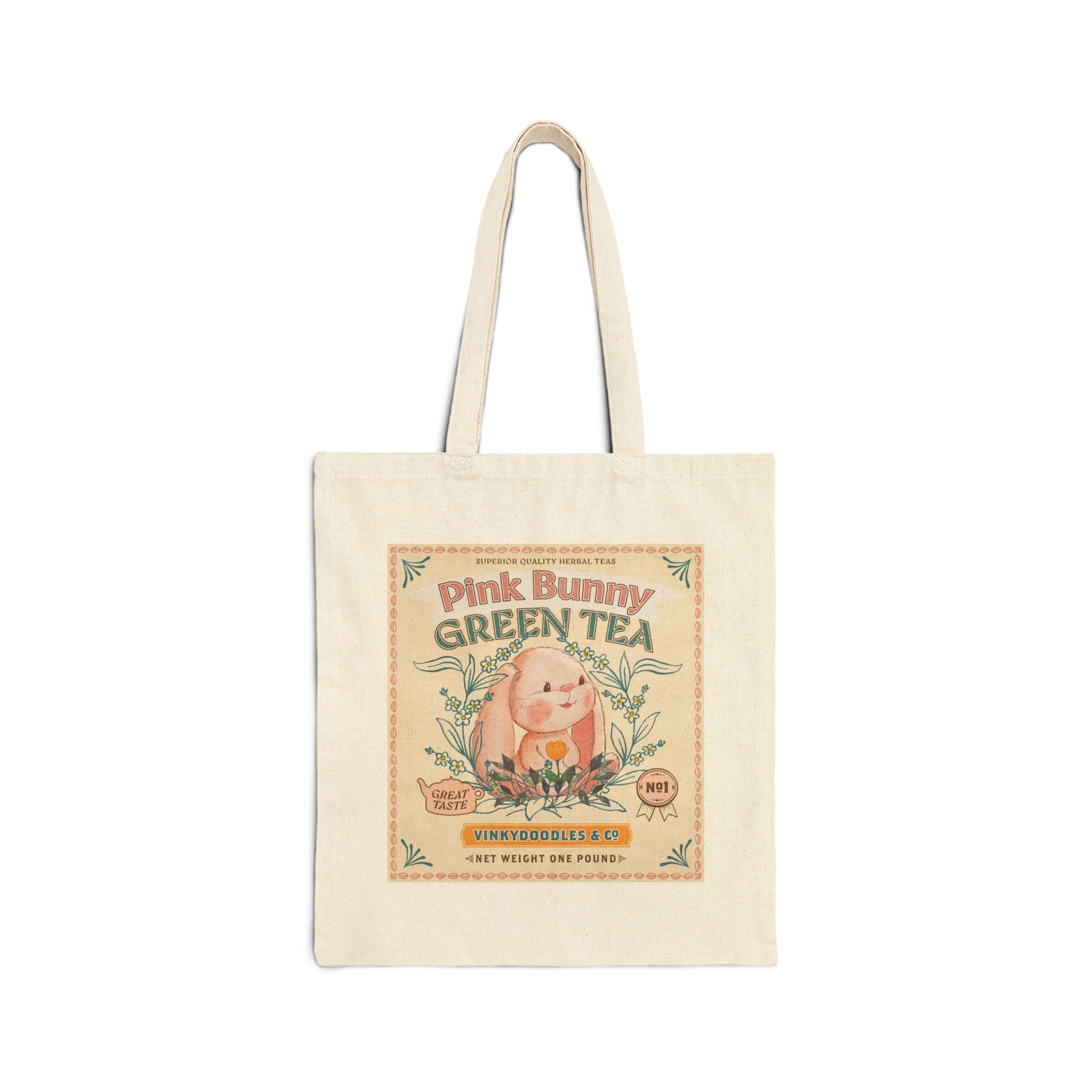 Tote bag with 'Pink Bunny Green Tea' design on a white background