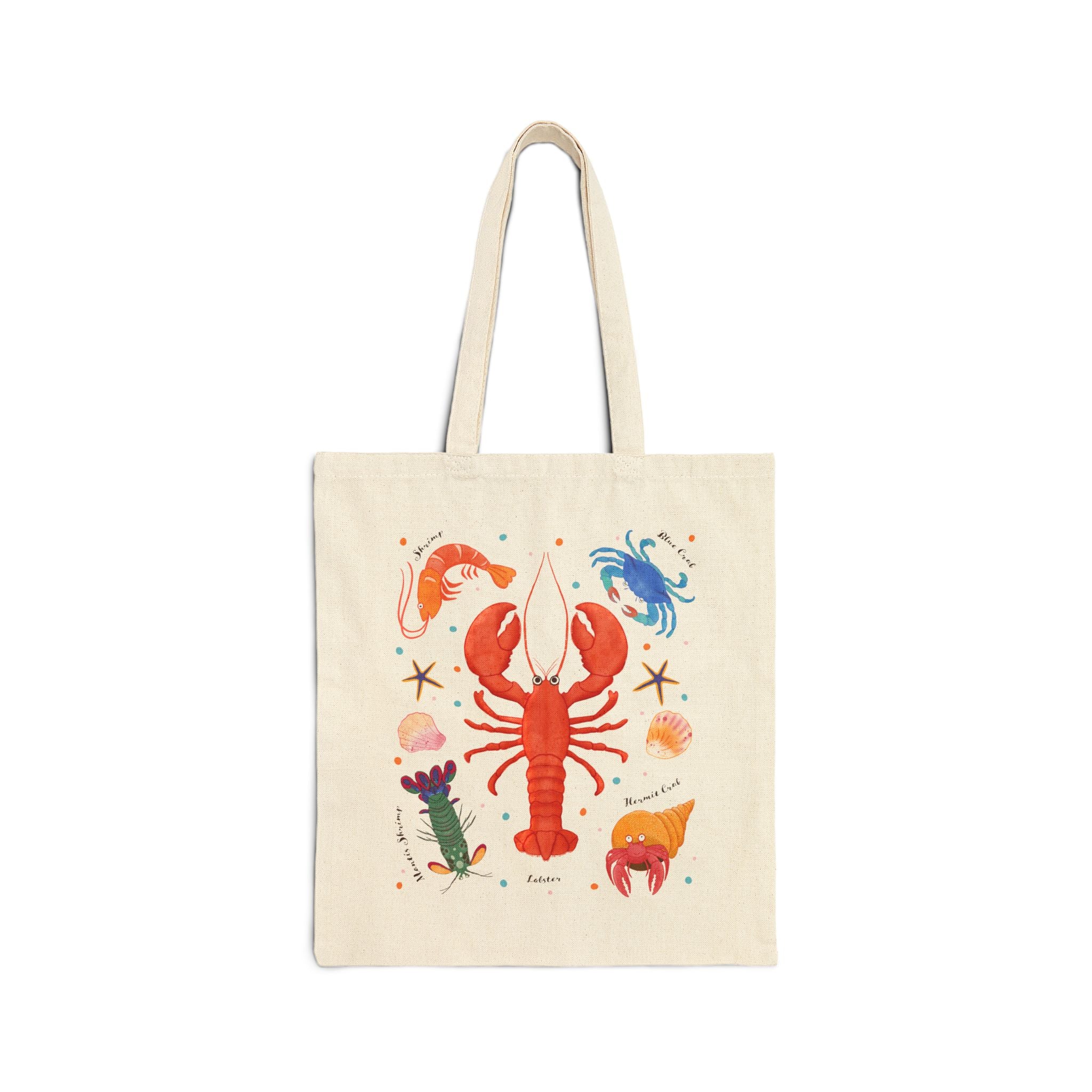 Tote bag with a colorful lobster design on a white background