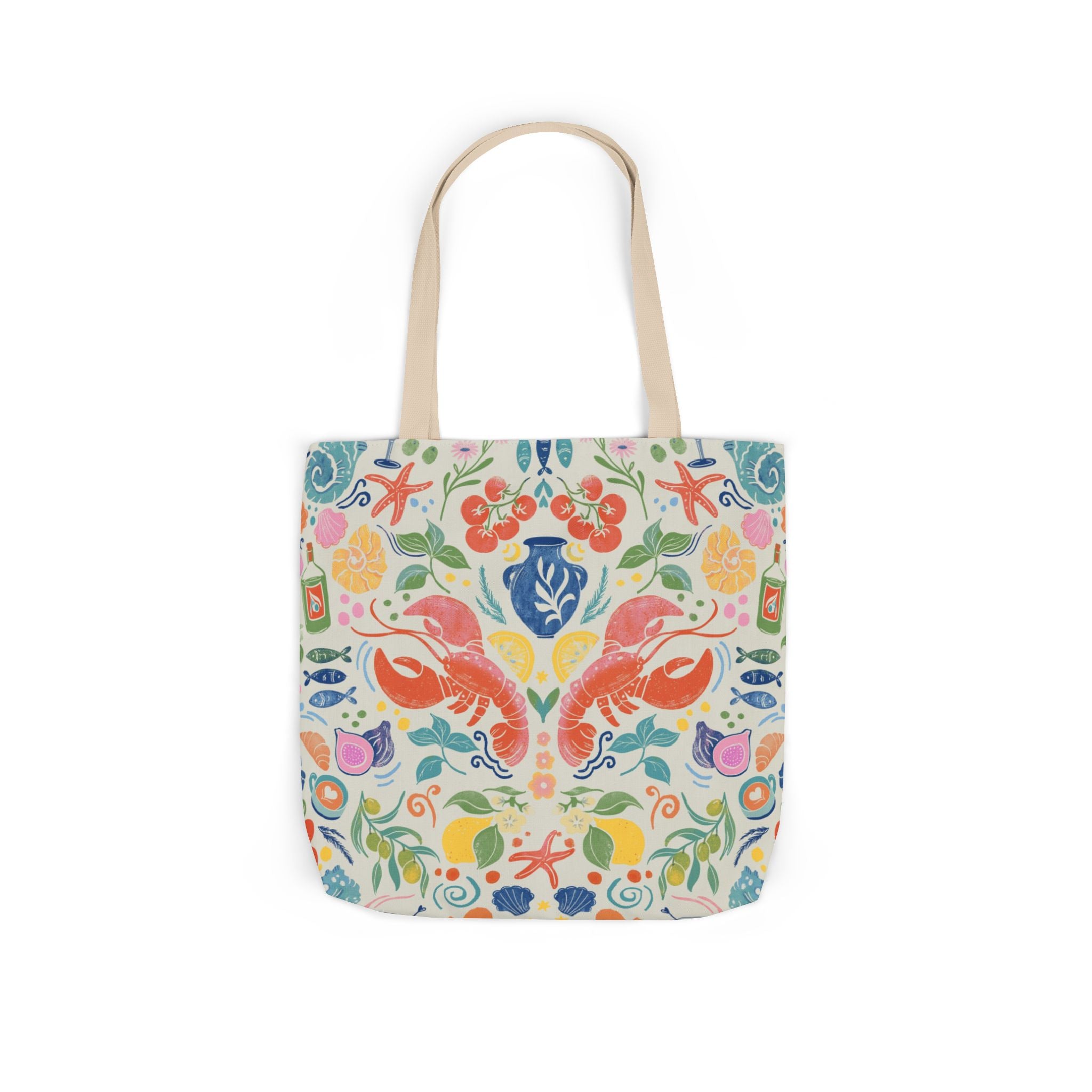 Tote bag with colorful lobster and floral pattern on a white background