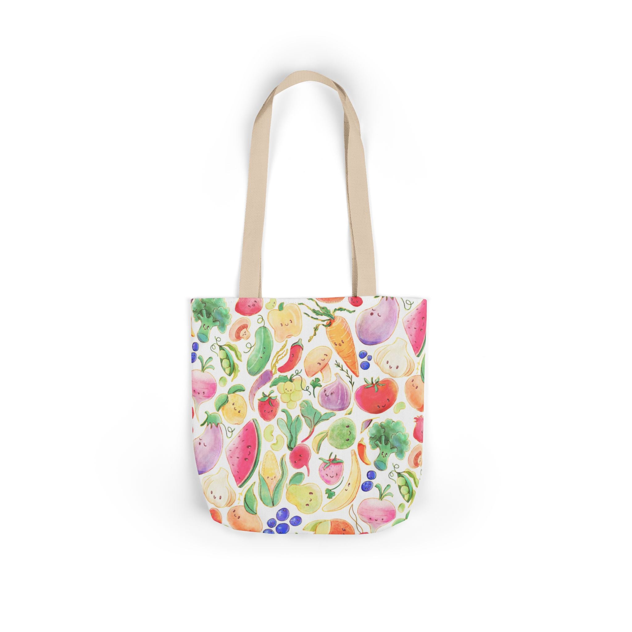 Tote bag with colorful fruit and vegetable pattern on a white background