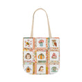 Load image into Gallery viewer, Autumn Patchwork cozy cottage core tote bag with patches of cute owl hedgehog pumpkin chikadee tea cup mushrooms peonies and bee.
