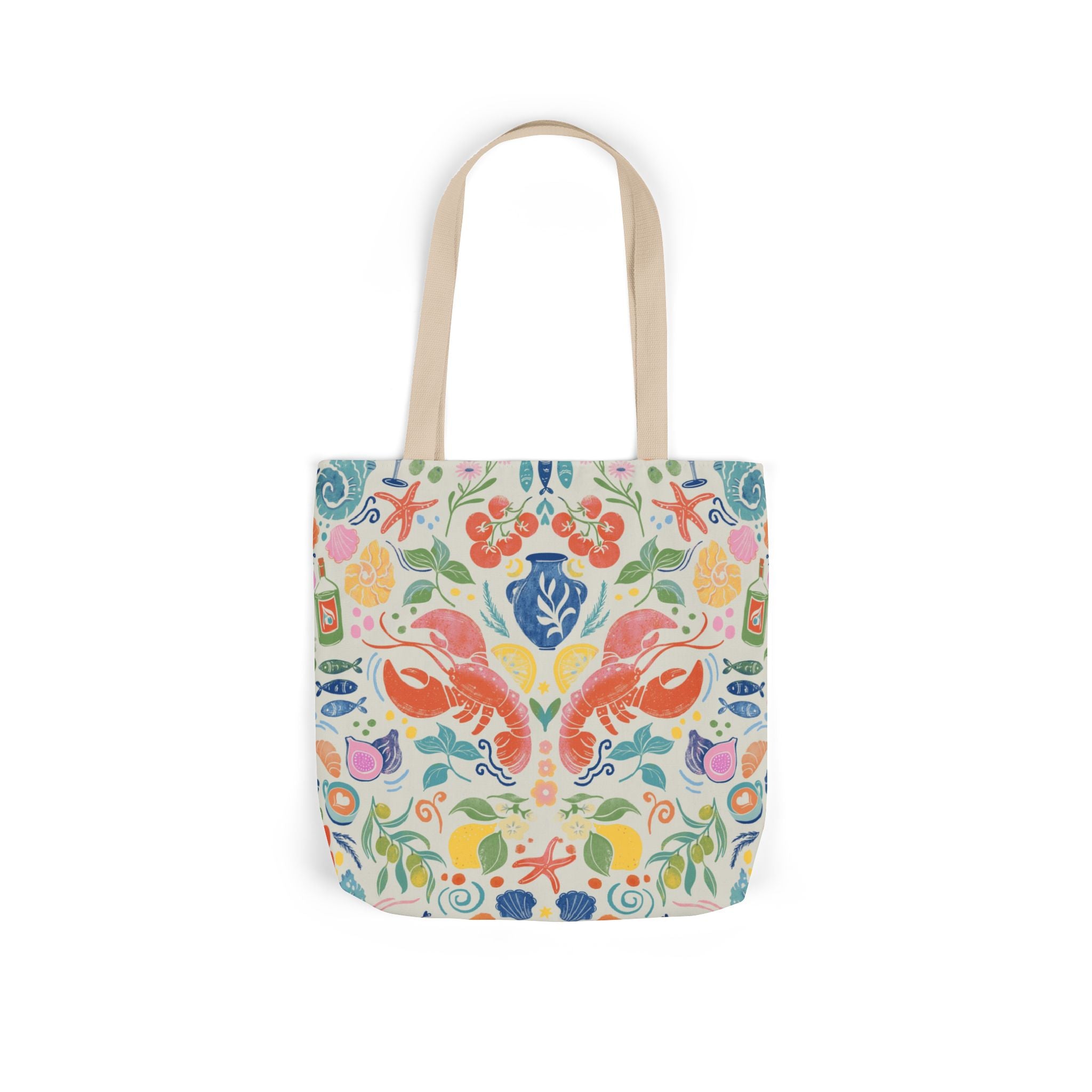 Tote bag with colorful floral and lobster pattern on a white background