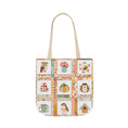 Load image into Gallery viewer, Autumn Patchwork cozy cottage core tote bag with patches of cute owl hedgehog pumpkin chikadee tea cup mushrooms peonies and bee.
