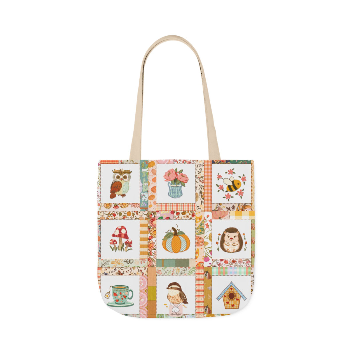 Autumn Patchwork cozy cottage core tote bag with patches of cute owl hedgehog pumpkin chikadee tea cup mushrooms peonies and bee.