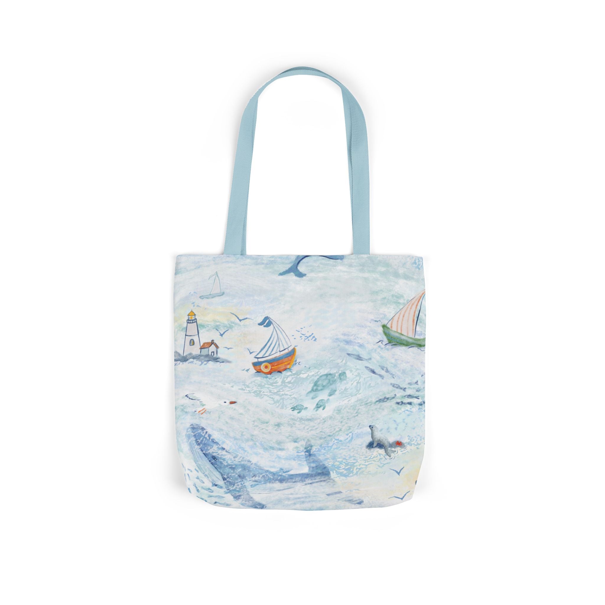 Tote bag with a nautical design featuring boats and a lighthouse on a white background