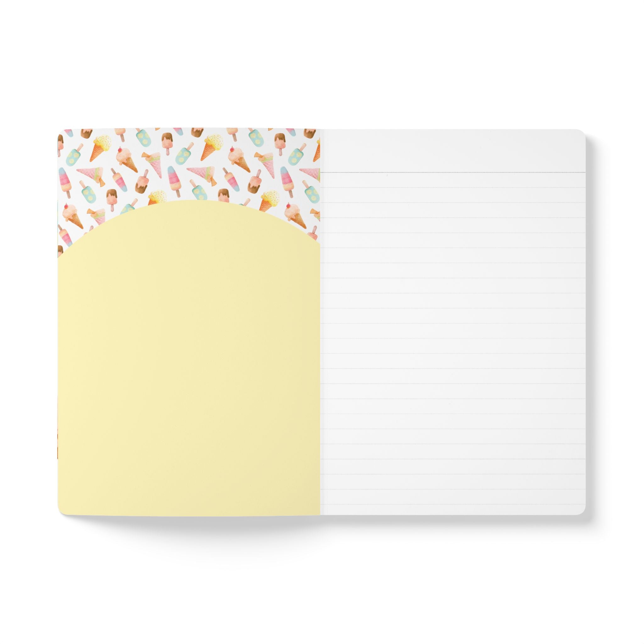 Note pad with ice cream pattern on top and yellow bottom section on a white background