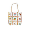 Load image into Gallery viewer, Autumn Patchwork cozy cottage core tote bag with patches of cute owl hedgehog pumpkin chikadee tea cup mushrooms peonies and bee.

