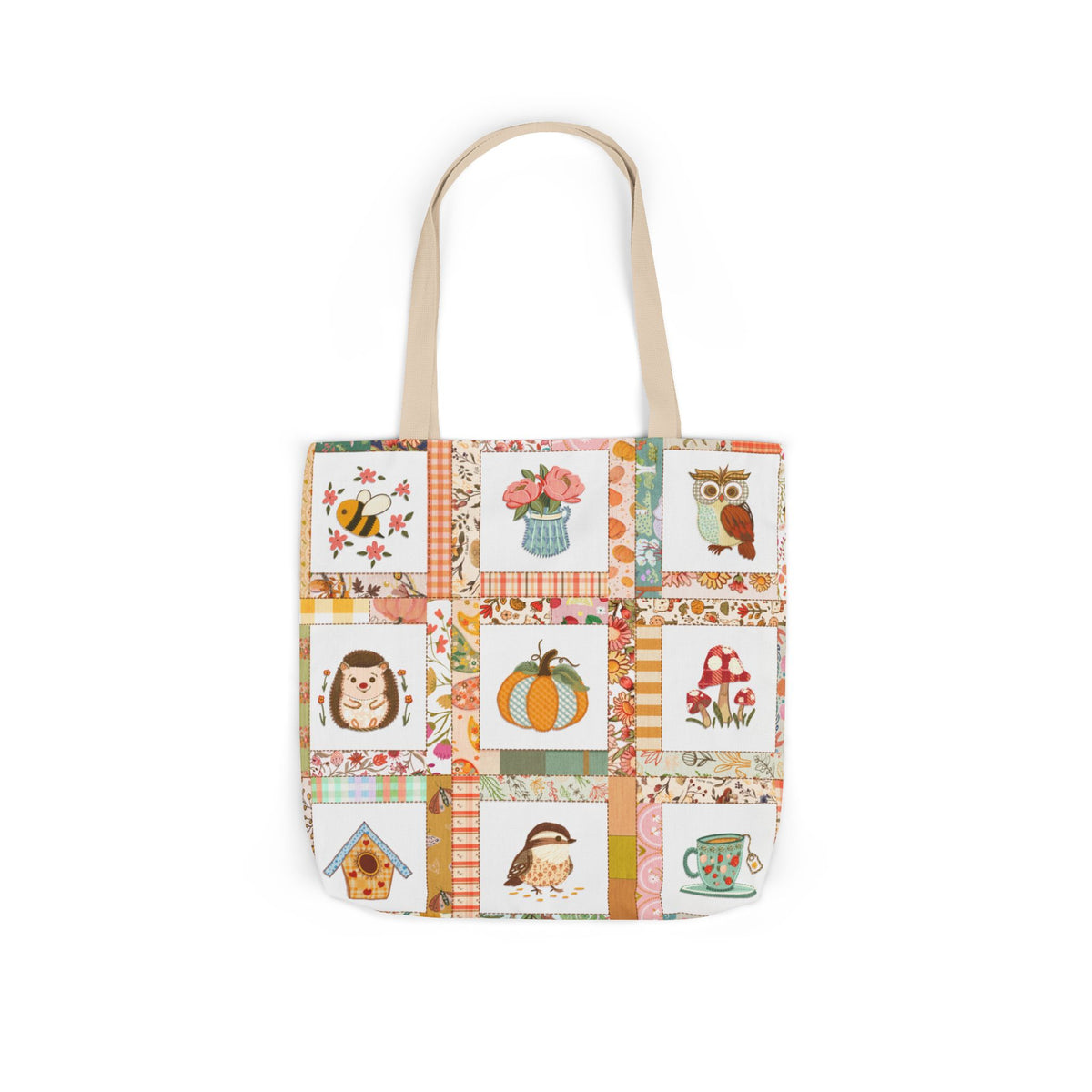 Autumn Patchwork cozy cottage core tote bag with patches of cute owl hedgehog pumpkin chikadee tea cup mushrooms peonies and bee.