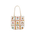 Load image into Gallery viewer, Autumn Patchwork cozy cottage core tote bag with patches of cute owl hedgehog pumpkin chikadee tea cup mushrooms peonies and bee.
