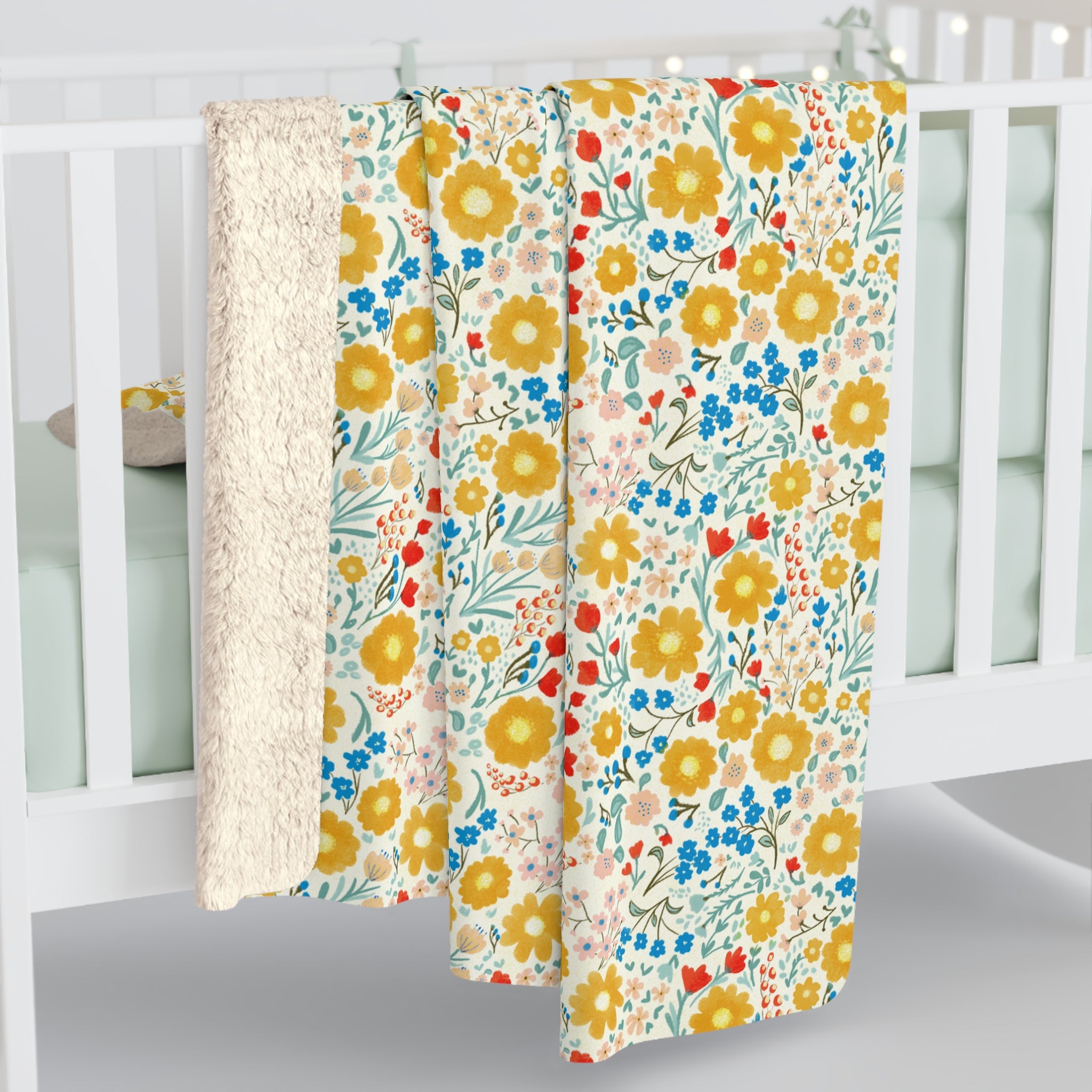 Yellow Blue Floral Sherpa Fleece Blanket
