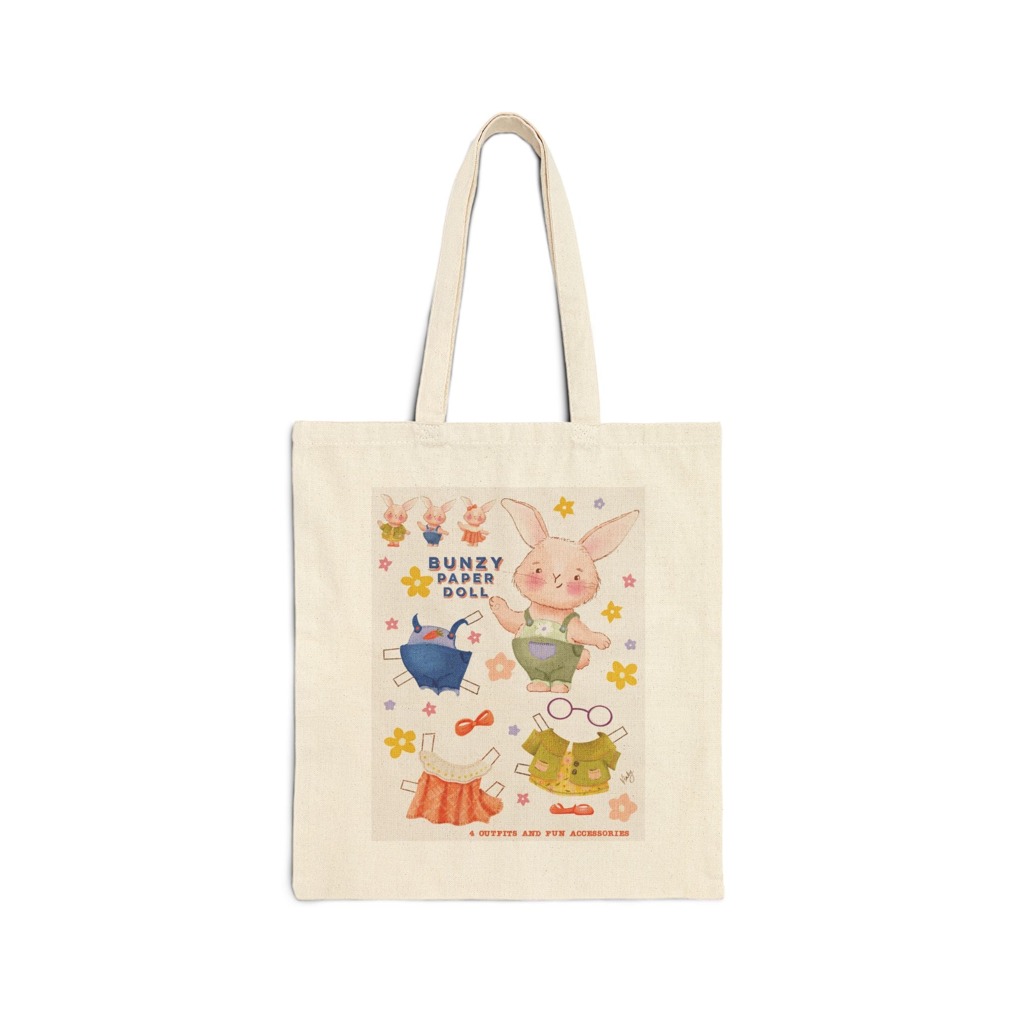 Tote bag with cartoon bunny design on a white background