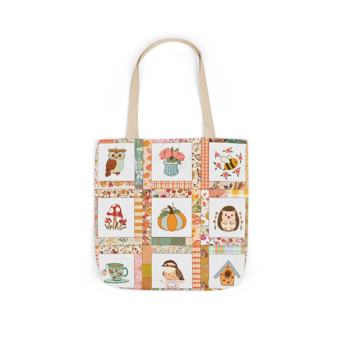 Autumn Patchwork cozy cottage core tote bag with patches of cute owl hedgehog pumpkin chikadee tea cup mushrooms peonies and bee.