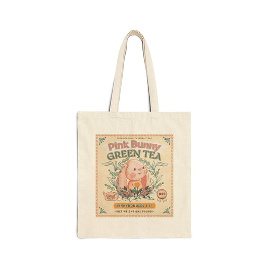 Tote bag with 'Pink Bunny Green Tea' design on a white background