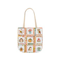 Load image into Gallery viewer, Autumn Patchwork cozy cottage core tote bag with patches of cute owl hedgehog pumpkin chikadee tea cup mushrooms peonies and bee.
