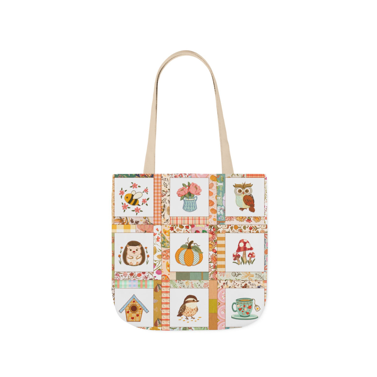 Autumn Patchwork cozy cottage core tote bag with patches of cute owl hedgehog pumpkin chikadee tea cup mushrooms peonies and bee.