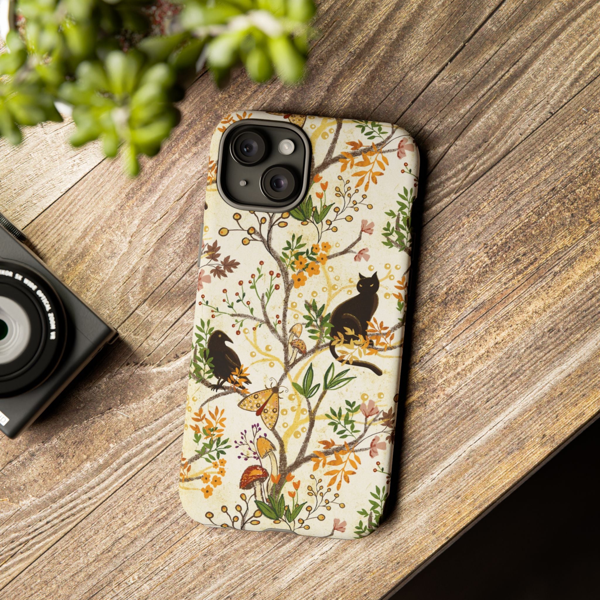 Cat and Raven Spooky Autumn Woods Pattern Phone Case