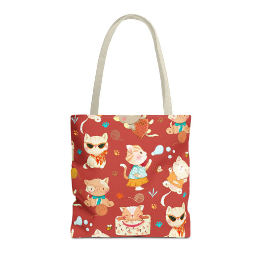 Tote bag with cat pattern on a red background