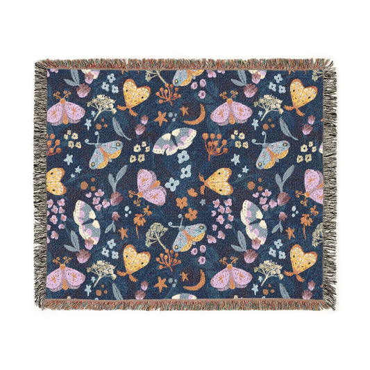 Moonlight Moth Garden Woven Cotton Blanket and Throw