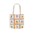 Load image into Gallery viewer, Autumn Patchwork cozy cottage core tote bag with patches of cute owl hedgehog pumpkin chikadee tea cup mushrooms peonies and bee.
