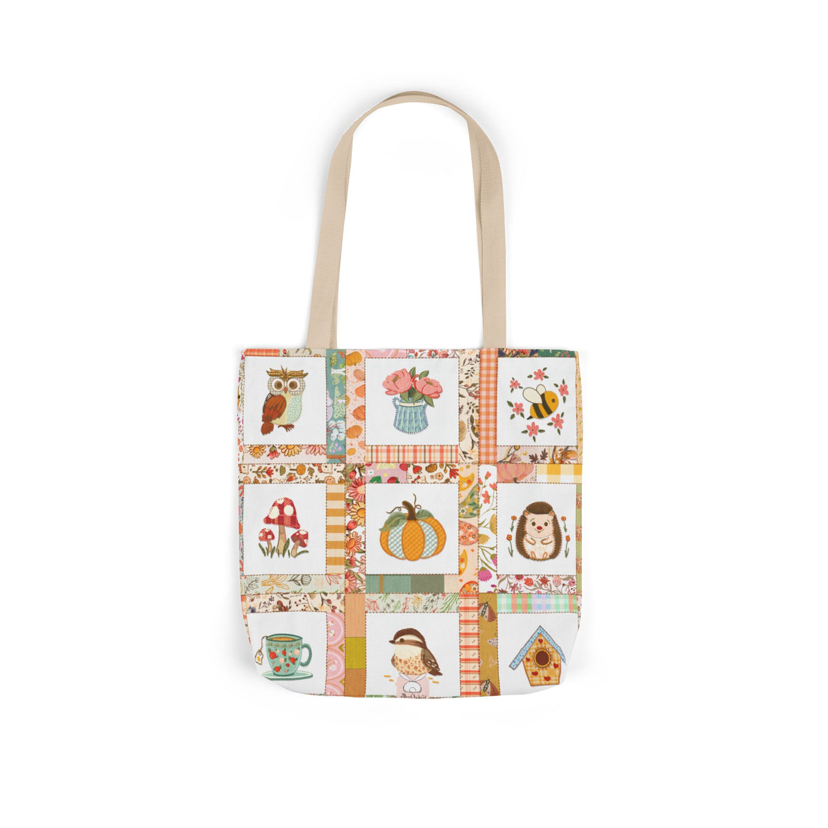 Autumn Patchwork cozy cottage core tote bag with patches of cute owl hedgehog pumpkin chikadee tea cup mushrooms peonies and bee.