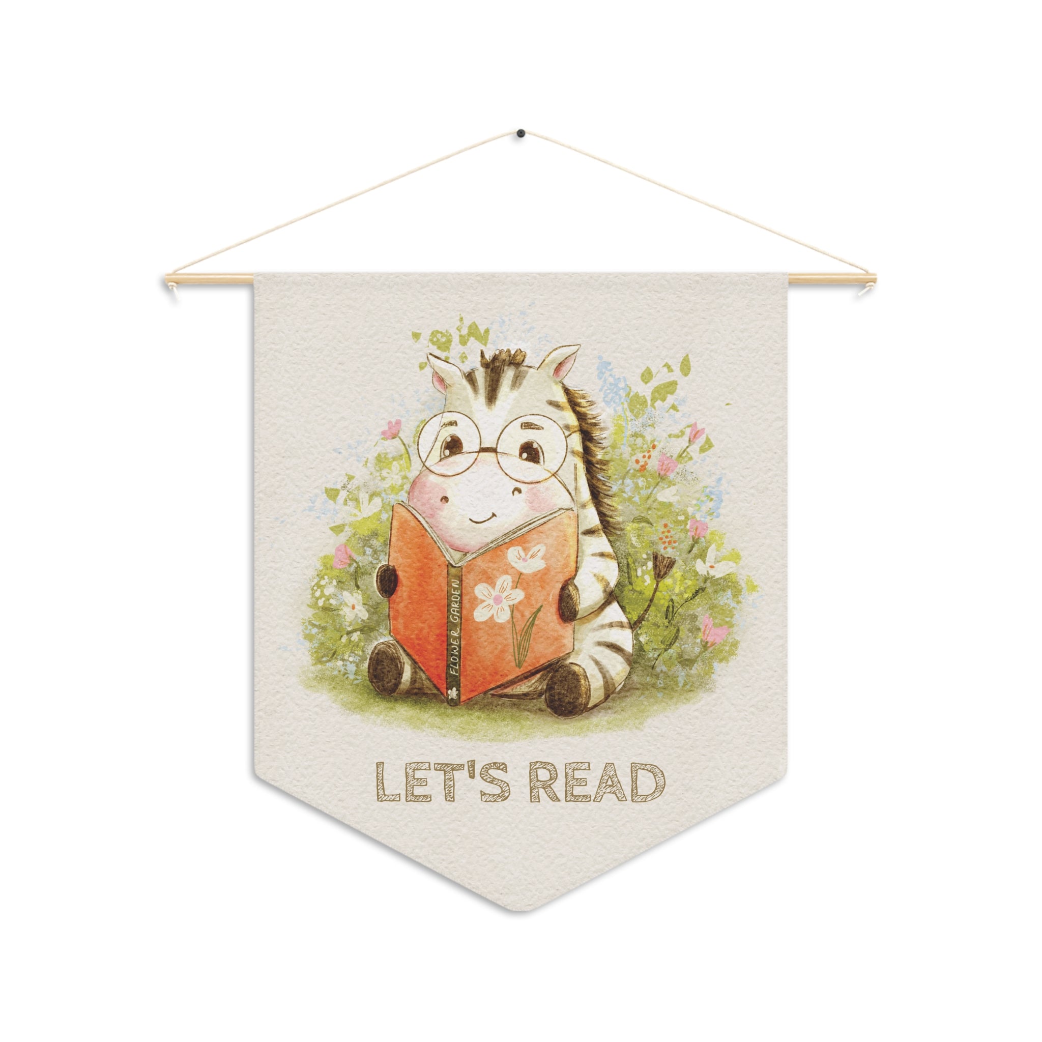 Decorative banner with a zebra reading a book and 'Let's Read' text on a white background
