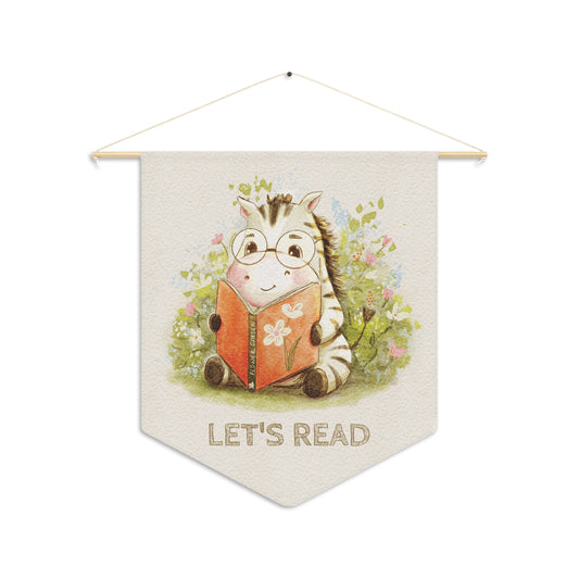 Decorative banner with a zebra reading a book and 'Let's Read' text on a white background