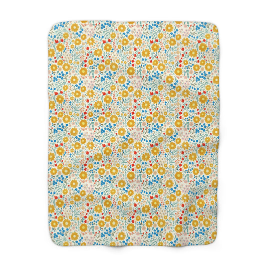 Yellow Blue Floral Sherpa Fleece Blanket