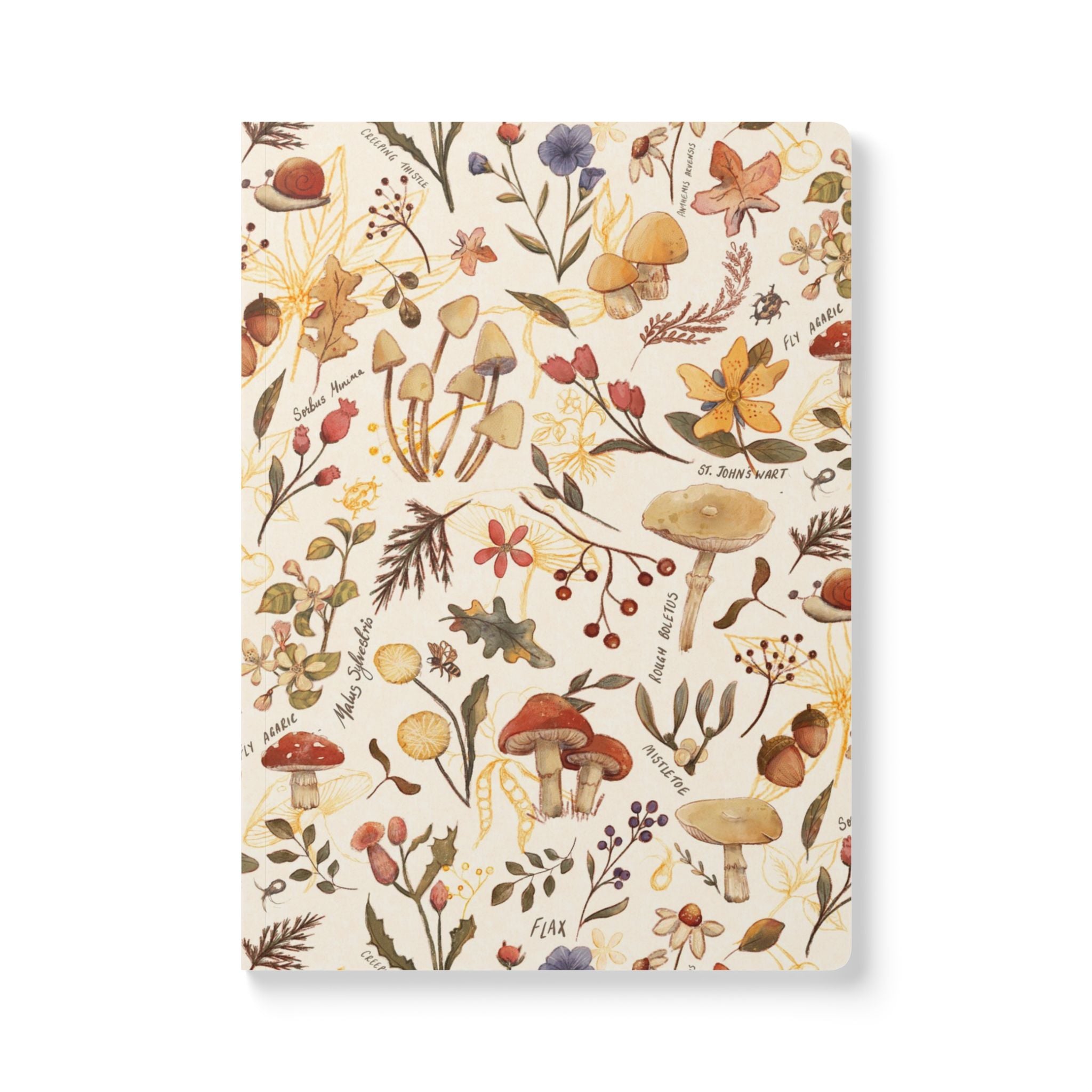 A vertical notebook or journal with a cream-colored cover decorated with a dense, vintage-style botanical  illustration pattern featuring mushrooms, leaves, berries, and small handwritten labels.