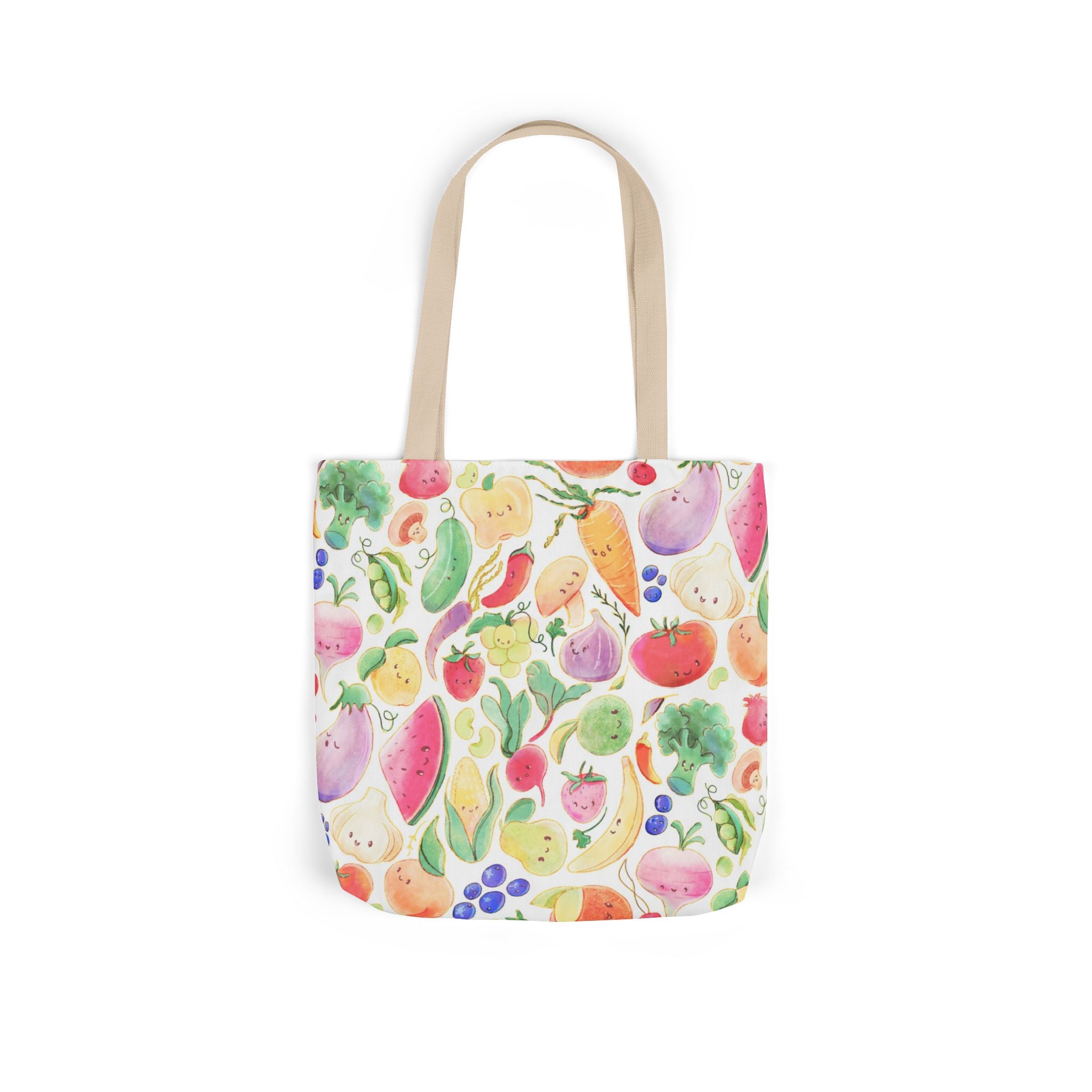 Tote bag with colorful fruit and vegetable pattern on a white background