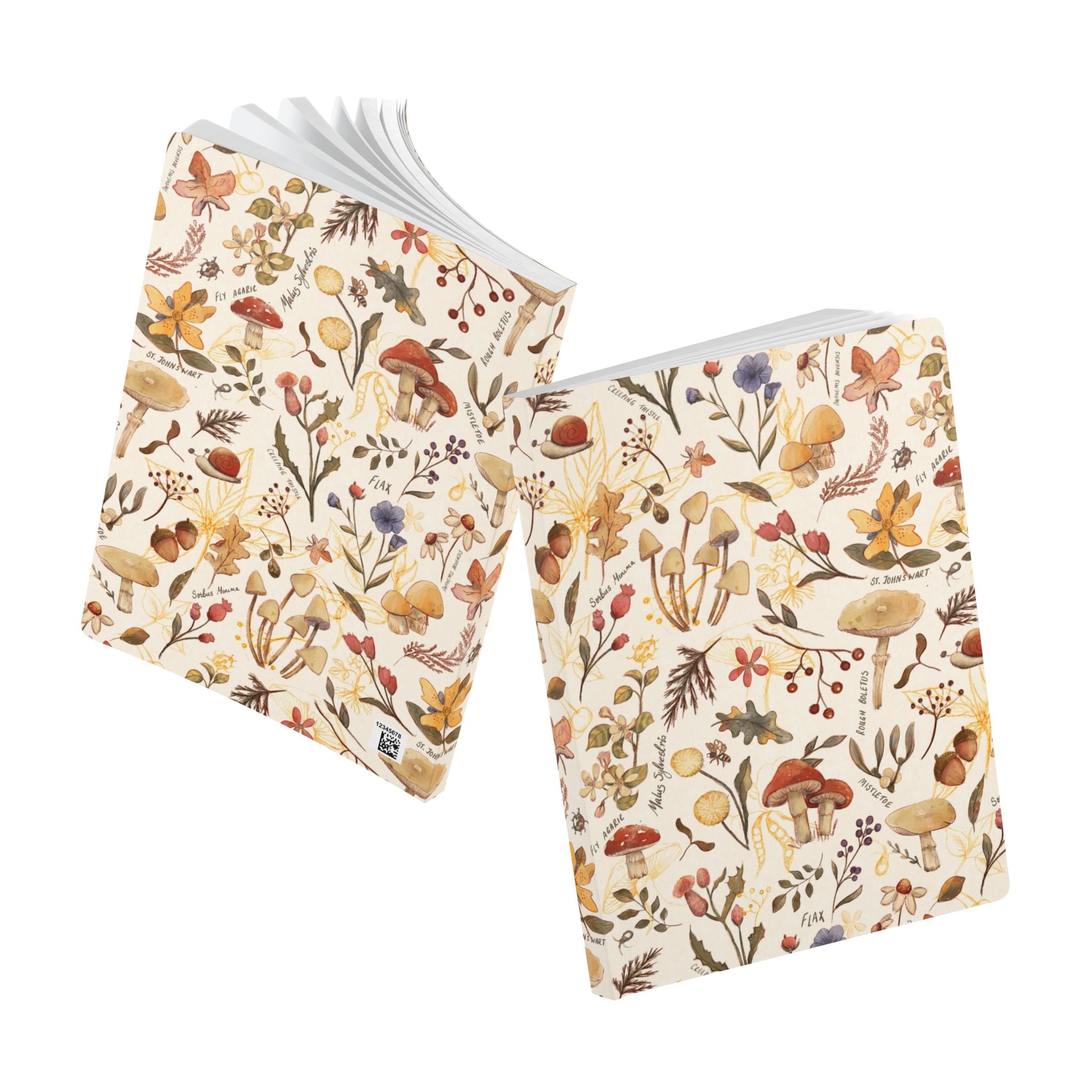Two notebooks with cream-colored covers decorated with a dense, vintage-style botanical and mycological illustration pattern featuring mushrooms, flowers, and leaves, shown against a solid white background.