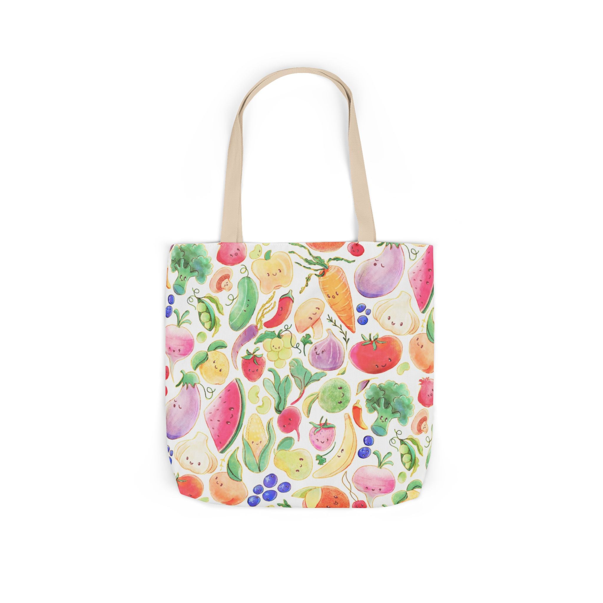 Tote bag with colorful fruit and vegetable pattern on a white background