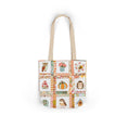Load image into Gallery viewer, Autumn Patchwork cozy cottage core tote bag with patches of cute owl hedgehog pumpkin chikadee tea cup mushrooms peonies and bee.
