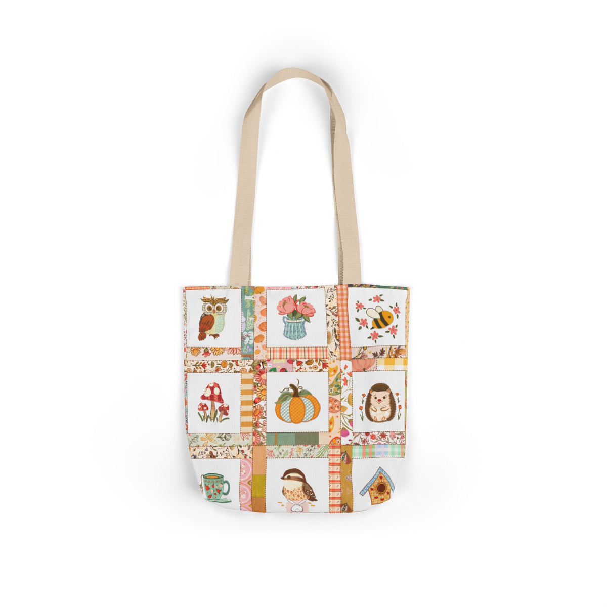Autumn Patchwork cozy cottage core tote bag with patches of cute owl hedgehog pumpkin chikadee tea cup mushrooms peonies and bee.