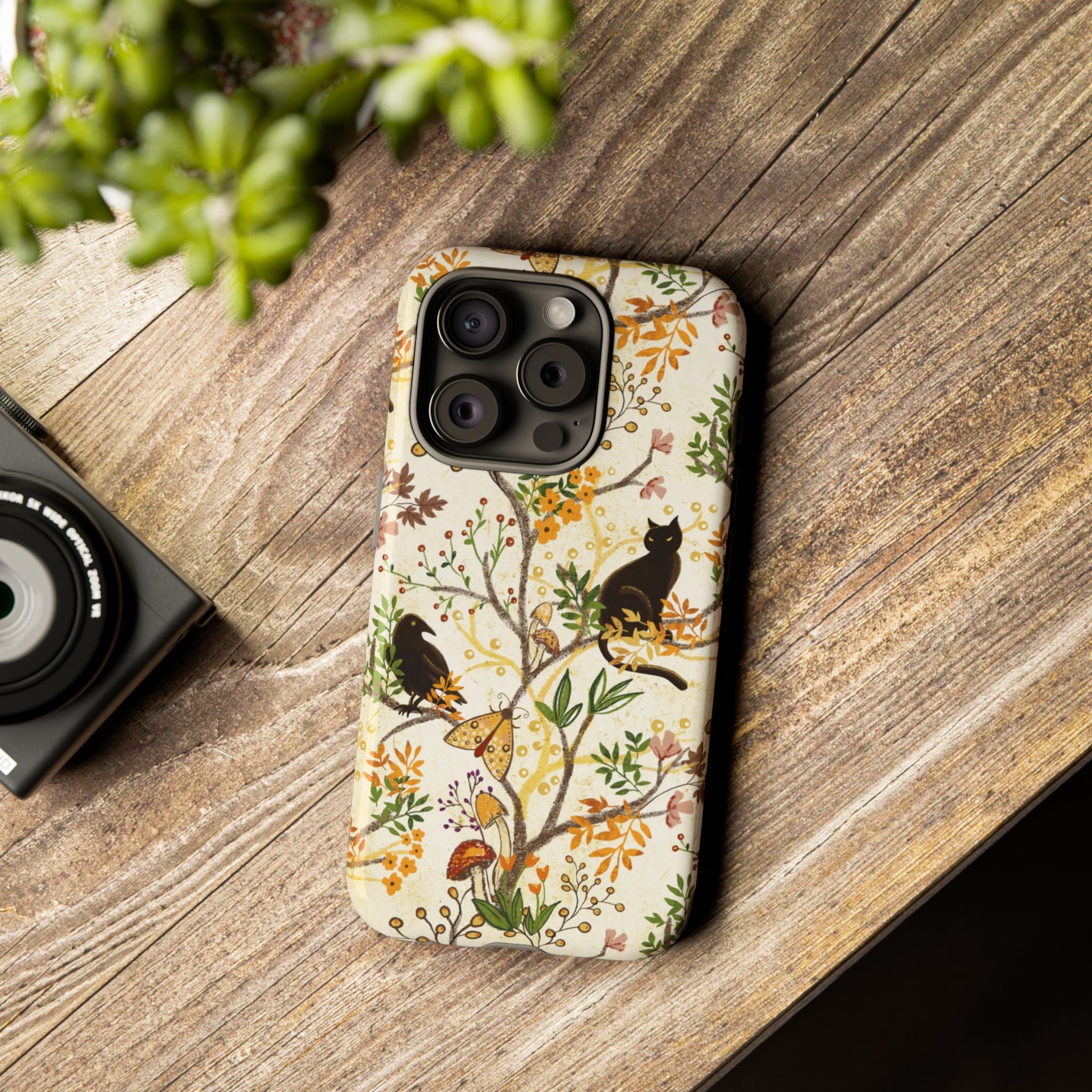 Cat and Raven Spooky Autumn Woods Pattern Phone Case
