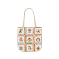 Load image into Gallery viewer, Autumn Patchwork cozy cottage core tote bag with patches of cute owl hedgehog pumpkin chikadee tea cup mushrooms peonies and bee.
