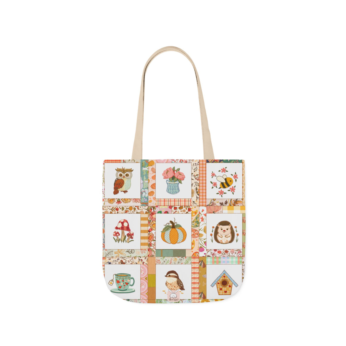 Autumn Patchwork cozy cottage core tote bag with patches of cute owl hedgehog pumpkin chikadee tea cup mushrooms peonies and bee.