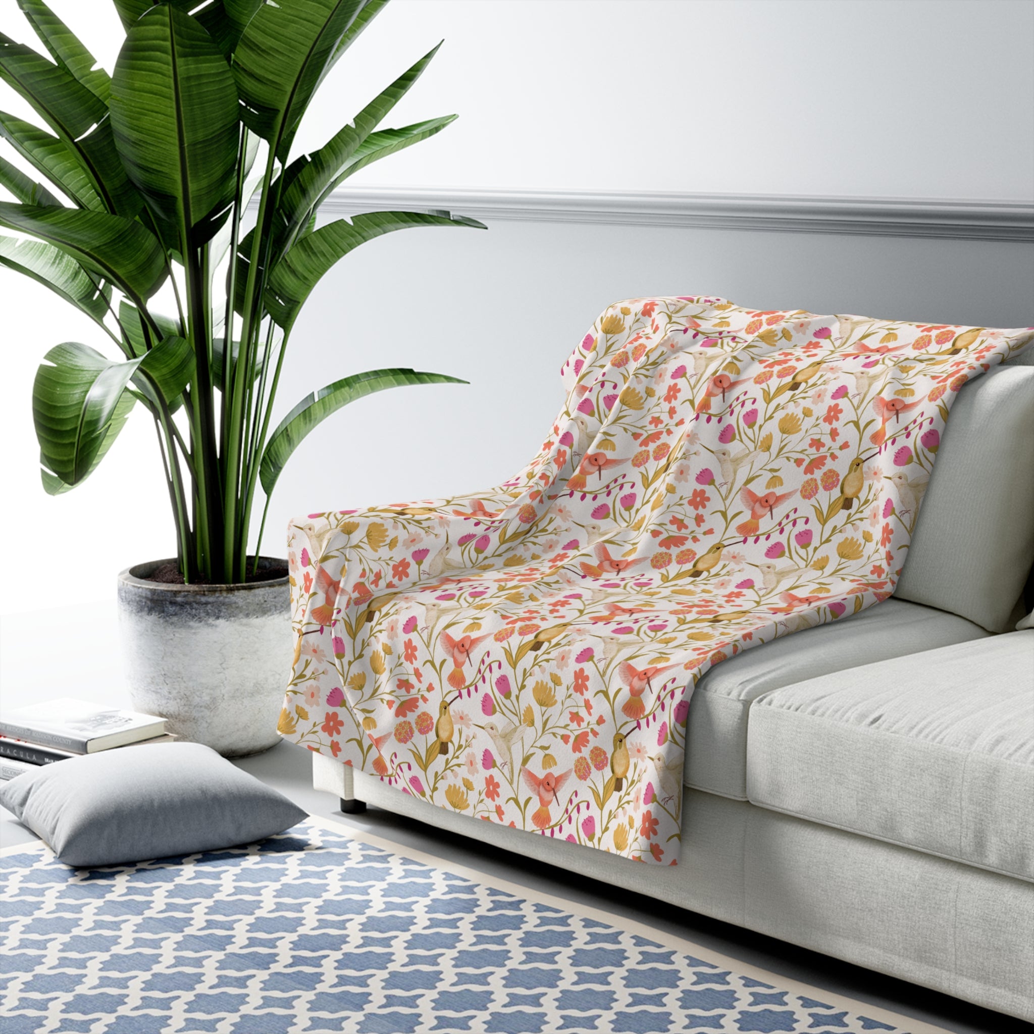 Hummingbird Garden Floral Sherpa Fleece Blanket